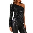thumbnail image 4 of INSPIRAR CHIC Blusa de Mujer con Lentejuelas de Un Hombro, Manga Larga con Volantes, Tops Brillantes y Elegantes para Fiesta, Color Negro, 4 of 5