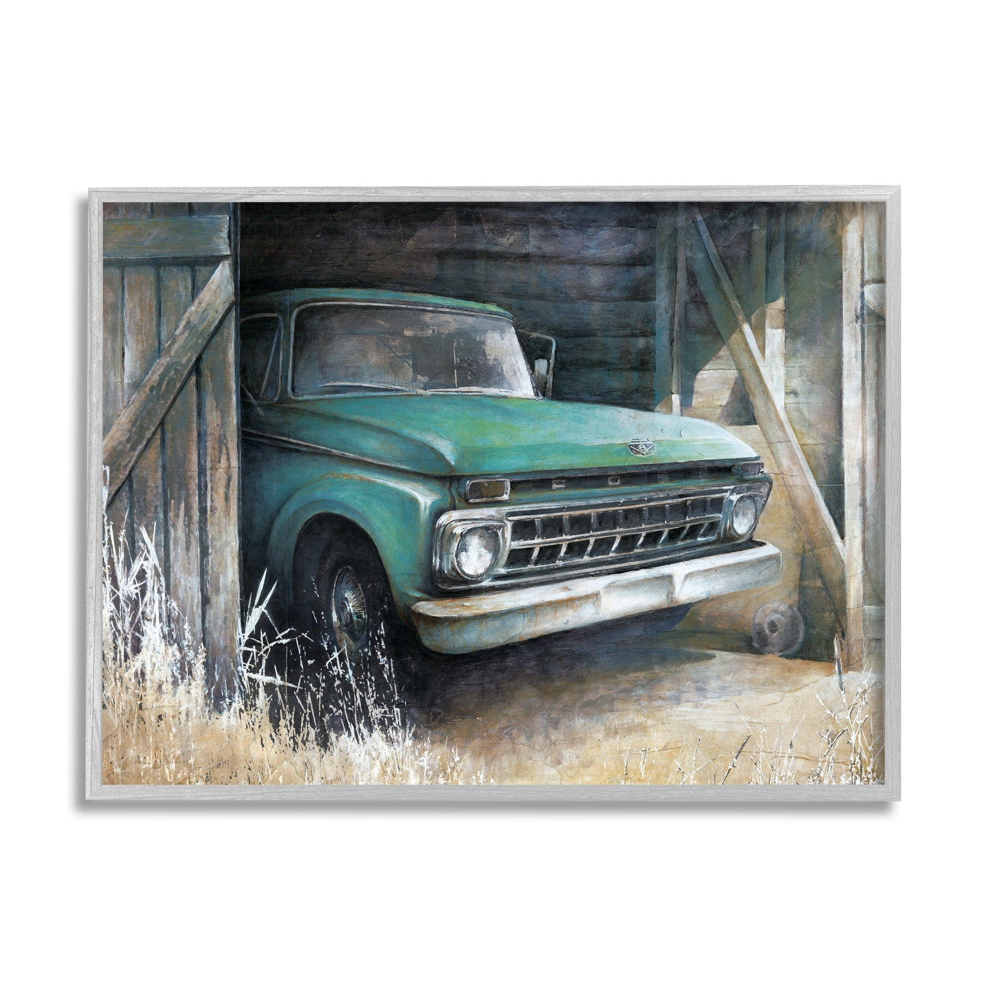Stupell Industries Weathered Country Barn Vintage Green Pickup Truck Painting Gray Framed Art Print Wall Art, Design by White Ladder