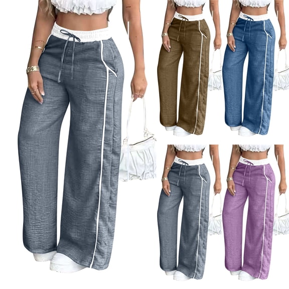 Women's Casual Summer Pants - Ice Silk Wrinkle Drawstring Elastic Waist Baggy Wide Leg Slacks Blue M