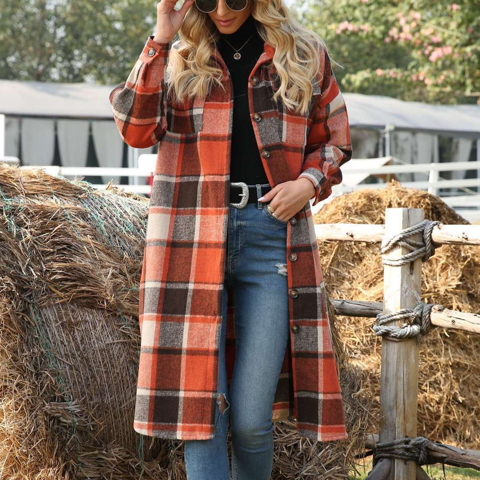 Women Shacket Plaid Printed Loose Casual Women Jacket For Office Orange Red Dark Khaki Grey Green Rose Red Walmart