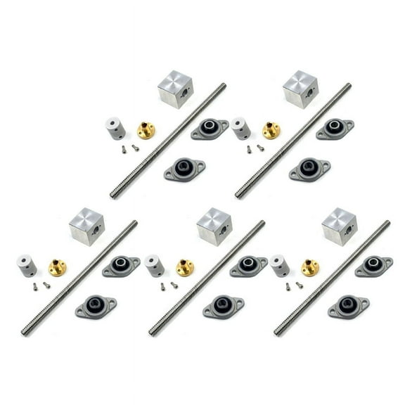 5Set 200mm Length 8mm Dia Silver Vertical 2mm Lead Screw Rod & Pillow Block Mounted Bearing T8 Lead Screw Kit