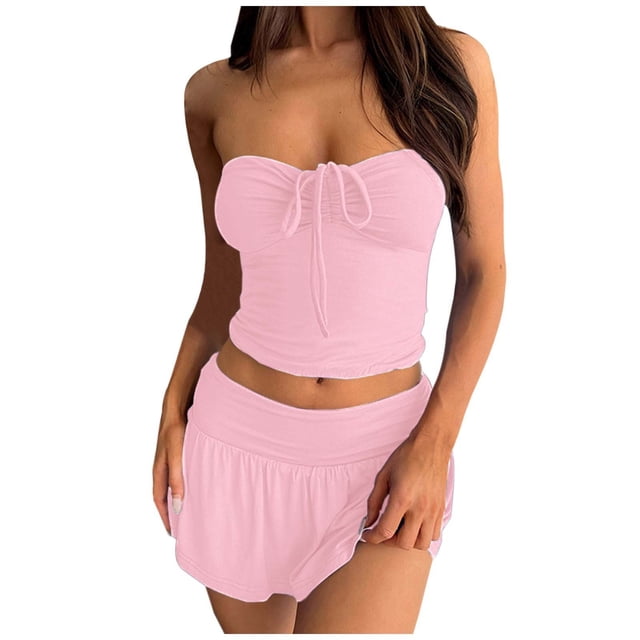 Conjunto elegante de dos piezas para mujer: top sin tirantes con falda plisada asimétrica de doble capa