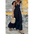 thumbnail image 2 of Black V Neck Flutter Sleeve Smocked Bodice High Waist Ruffle Maxi Dress, 2 of 19