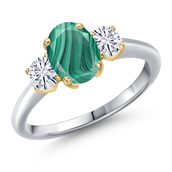 Gem Stone King 925 Silver and 10K Yellow Gold Green Malachite and White Moissanite Engagement Ring for Women | 2.46 Cttw | Oval 8X6MM | Gemstone Birthstone | Size 6