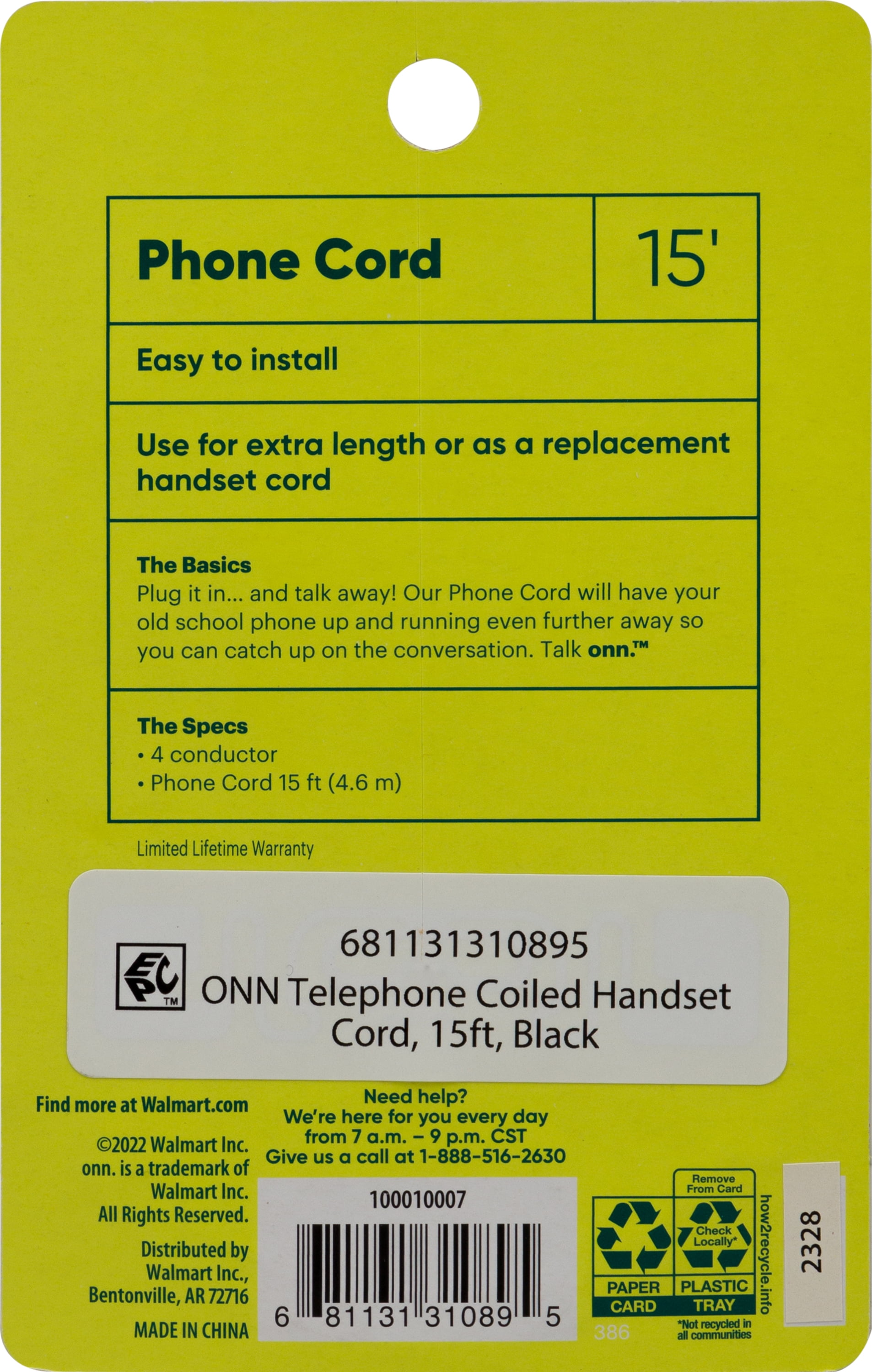 onn Coiled Phone Line Cord for a Landline Phone, 15'