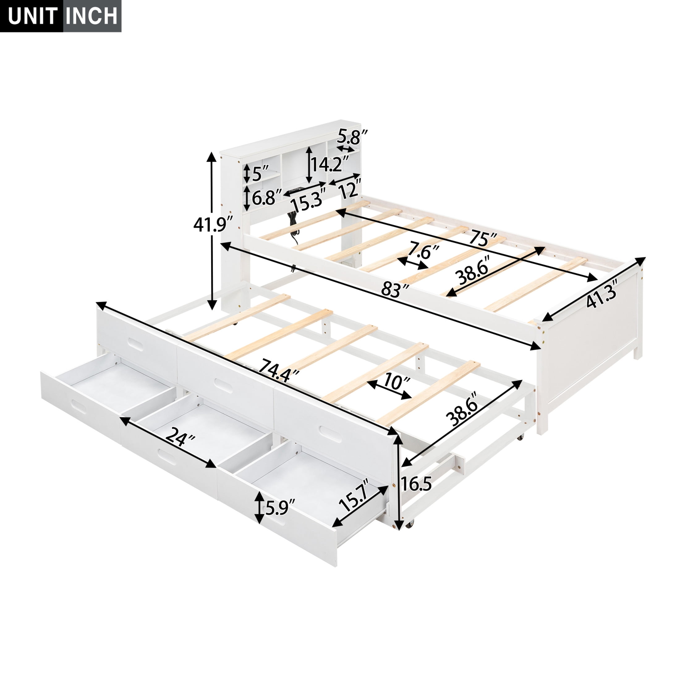 Noble House Nerissa Twin Platform Bed with Bookcase Headboard, USB Ports, Extra Trundle and Storage Drawers, White