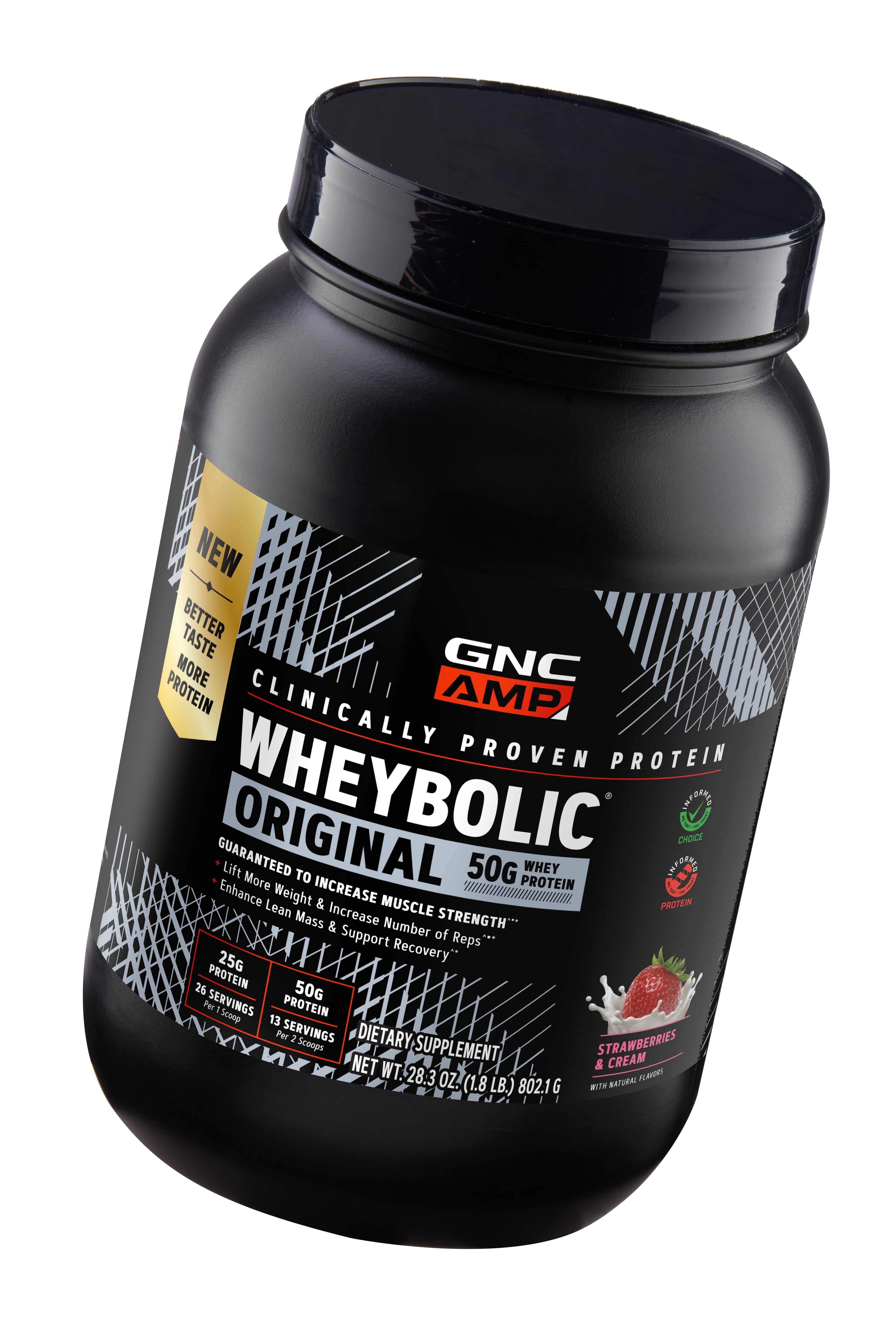 GNC AMP Wheybolic Clinically Proven Protein Powder, 50g Whey Protein, BCAA, Leucine, Increases Muscle Strength, Muscle Building, 3rd Party Tested, Gluten Free, Strawberries & Cream, 13 Servings