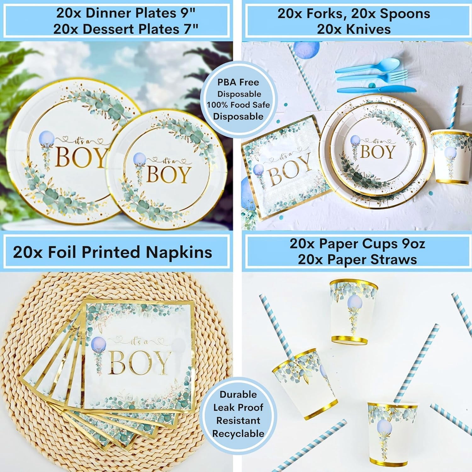 MEGA 254 Pc Dusty Blue And Sage Green Baby Shower Decorations Boy | Gender Neutral Balloons Garland Kit | BABY boxes | Banners, Cake Topper, Tablecloth, Plates, Napkins, Straws, Cups,