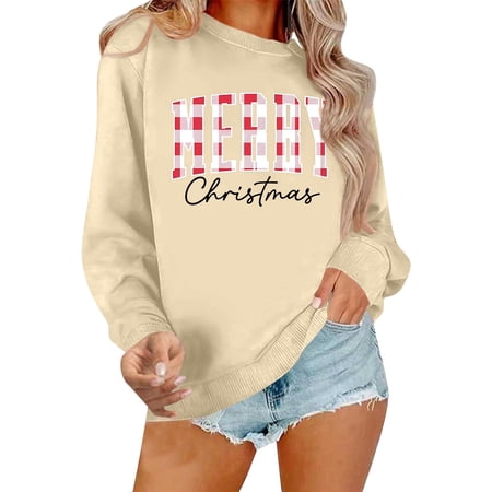 FYEGRE Women Crewneck Sweatshirt Long Sleeve Casual Pullover Top With Letter Print For Autumn Winter Comfort Wear Soft Loose Fit Tunic Blouse Cozy Streetwear Daily Outfits Beige S