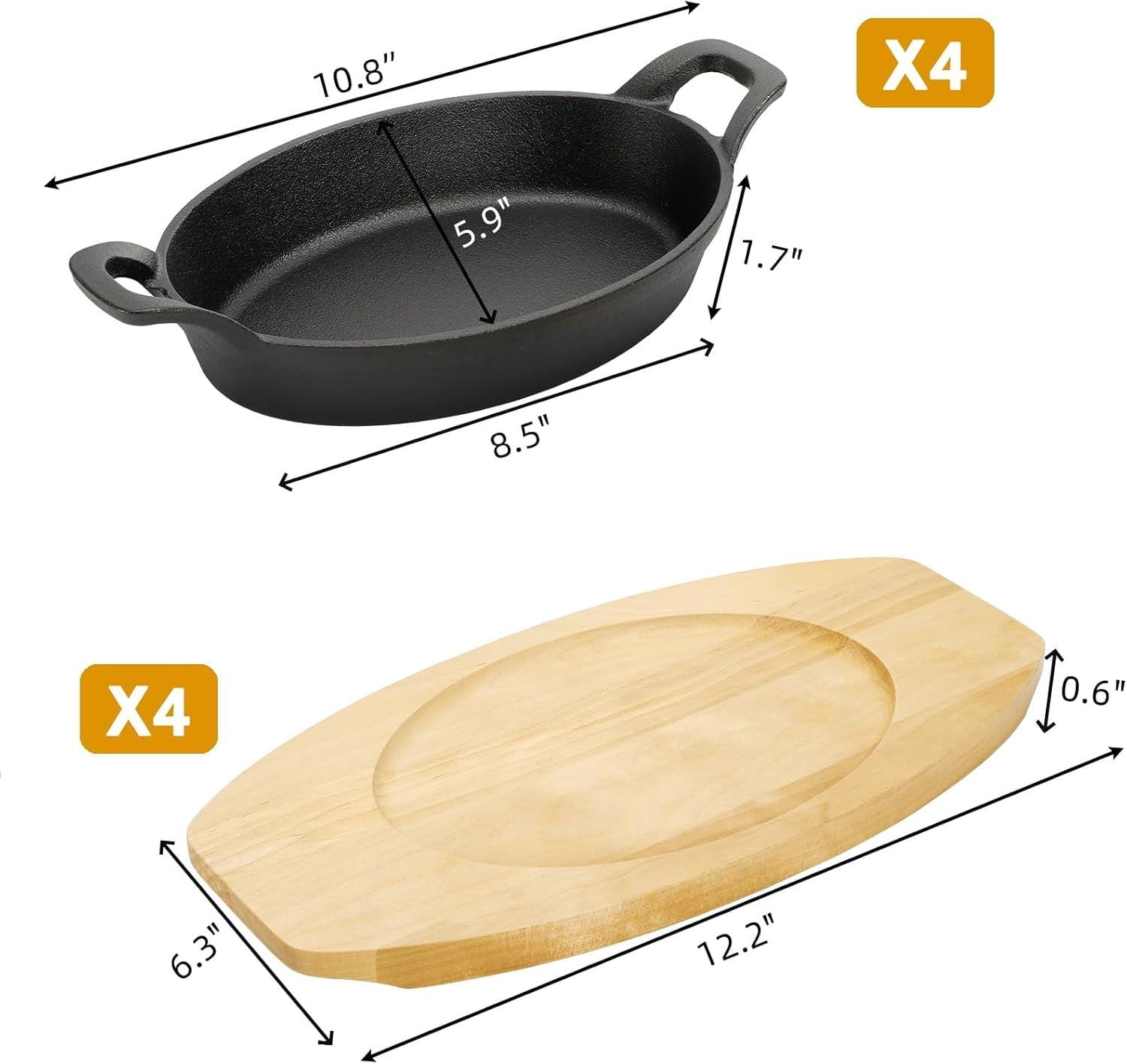 4 Pack Mini Cast Iron Fajita Skillet Set with Wooden Base, 8.5 Inch Sizzling Plate for Steak Pizza Baking