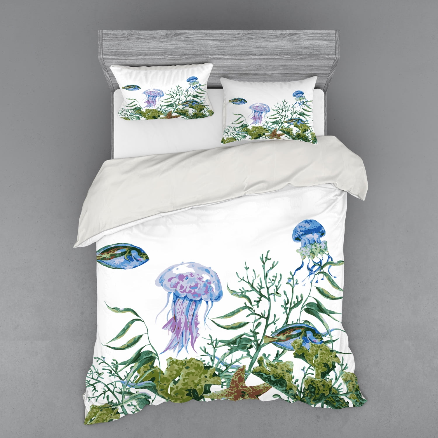 Ocean Duvet Cover Set, Watercolor Style Effect Sea Life Pattern with Seaweed Jellyfish and Fish
