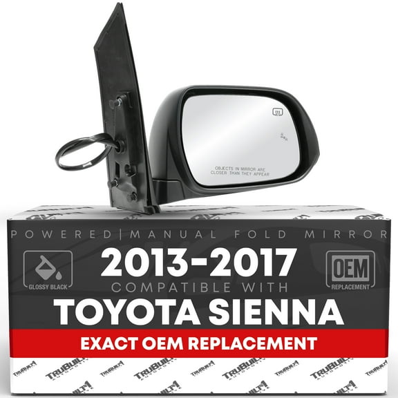 Passenger Side Mirror Replacement - Compatible with 2013-2017 Toyota Sienna - Powered Adjustment, Heated, Blind Spot, Manual Fold, Convex Glass - Smooth Black, 6H6P - OEM 87910-08113, TO1321301