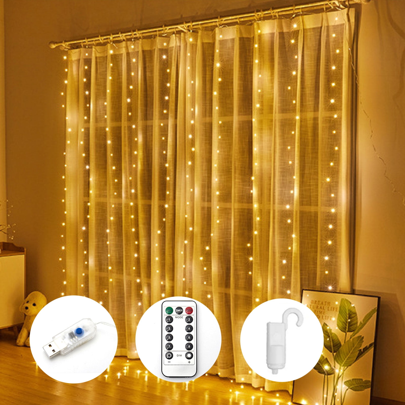 FAMKIT Curtain Lights, 9.8 x 9.8ft 8 Modes Fairy Light, Curtain Light