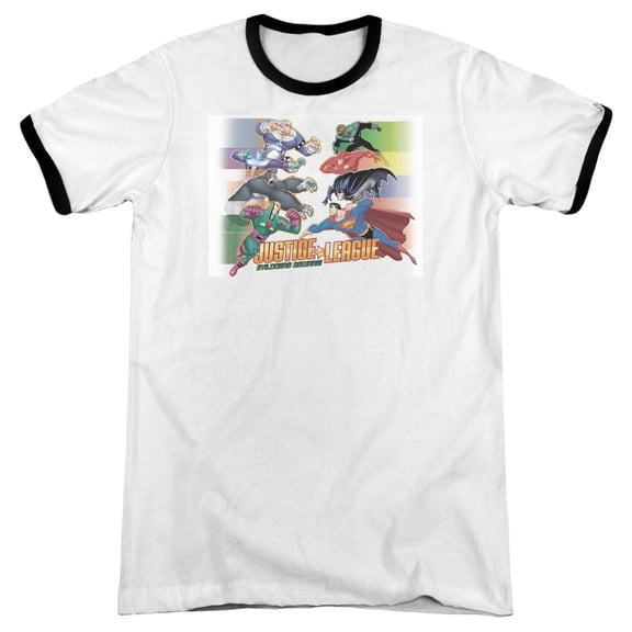 JLA Justice League Evildoers Beware Adult Ringer T-Shirt White Black