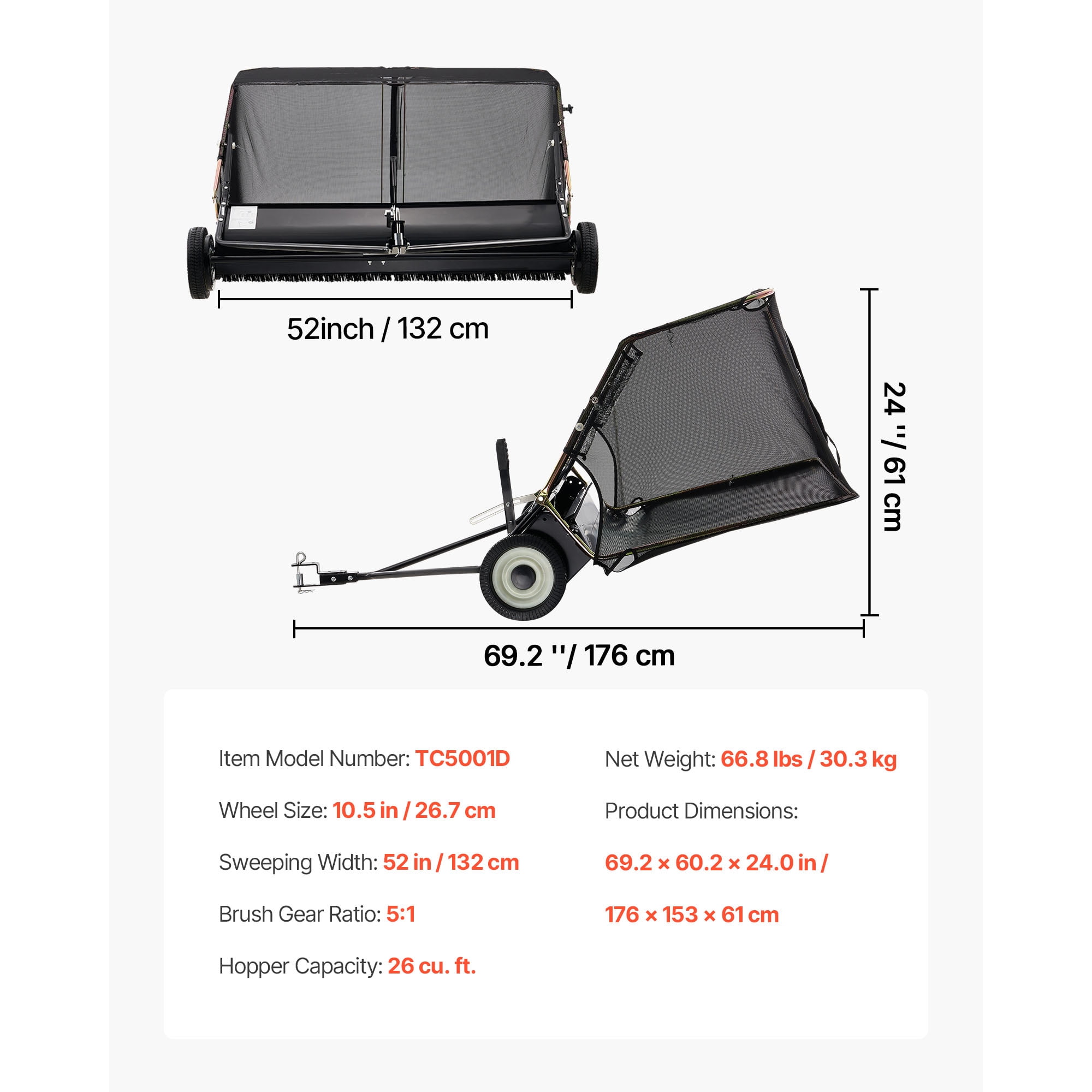 KFFKFF Tow-Behind Lawn Sweeper TC5001D 52 in 26 cu.ft. 69.2 ×60.2 ×24.0 in