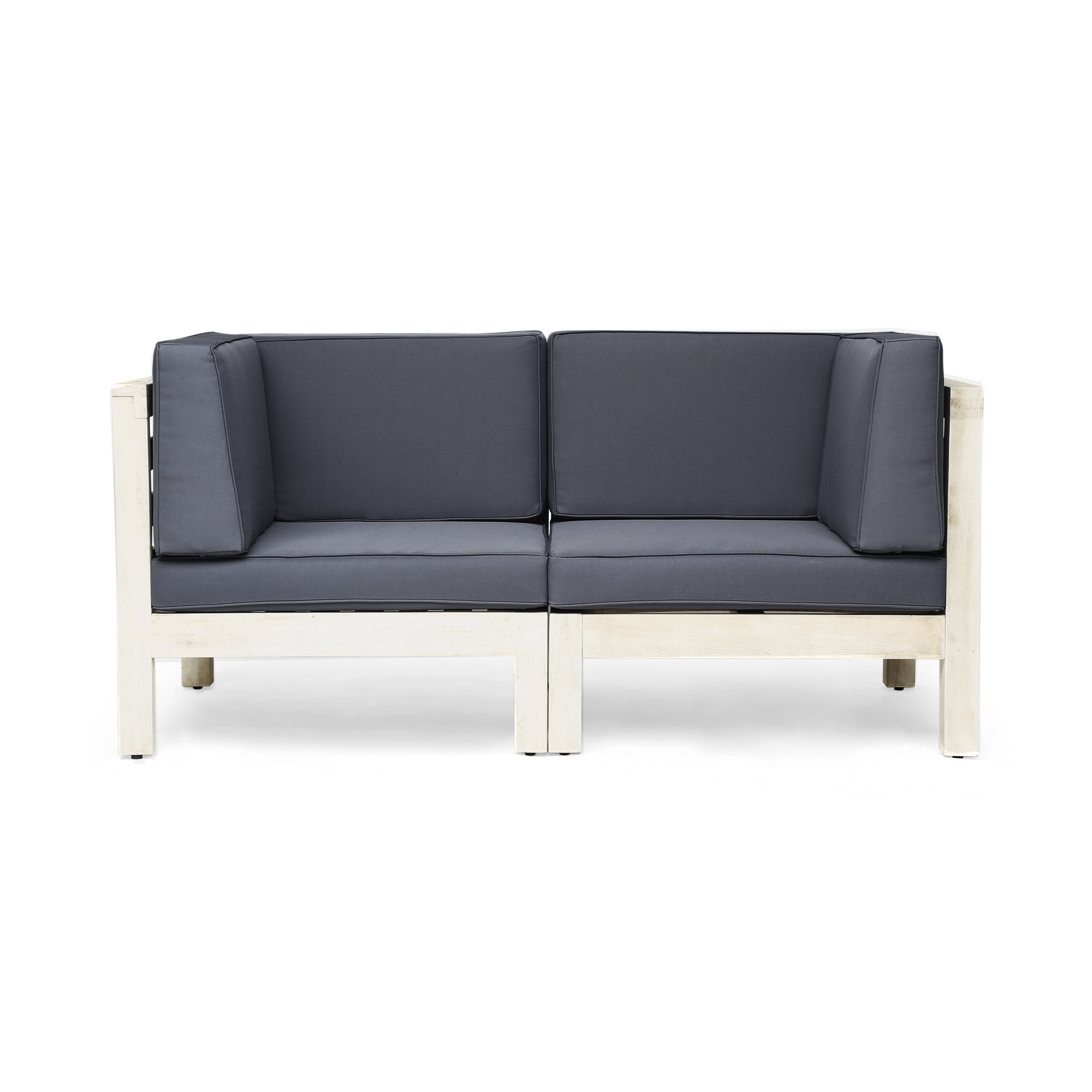 Frankie Outdoor Acacia Wood Sectional Loveseat with Cushions, Weathered Gray, Dark Gray