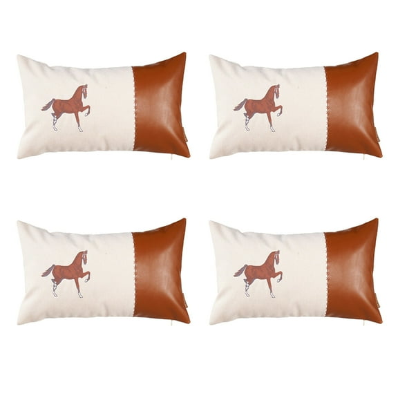 Boho Embroidered Horse Handmade Set of 4 Throw Pillow 12" x 20" Vegan Faux Leather Solid Beige & Brown Lumbar for for Couch, Bedding