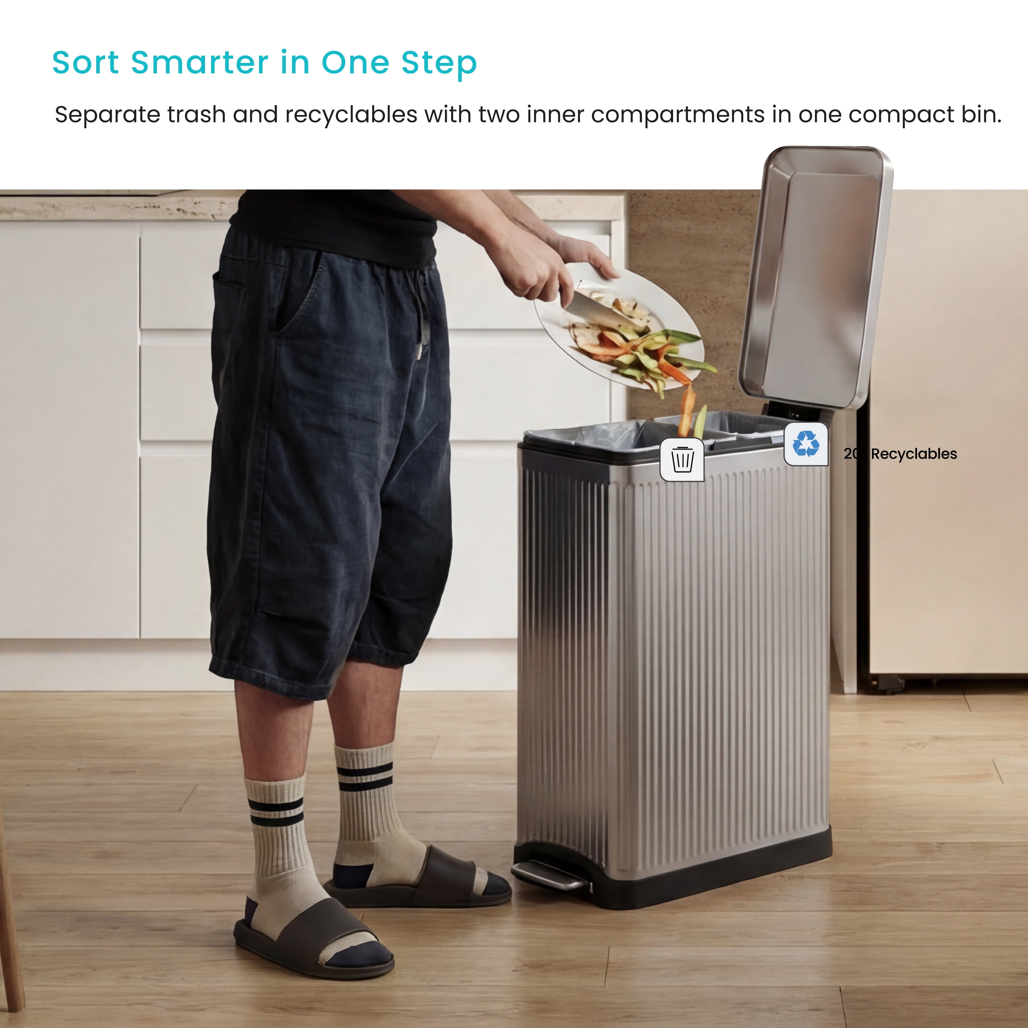 Home Zone Living 13 Gallon Dual Compartment Kitchen Trash Can with Step Pedal, Soft-Close Lid and Reeded Stainless Steel Body, Silver