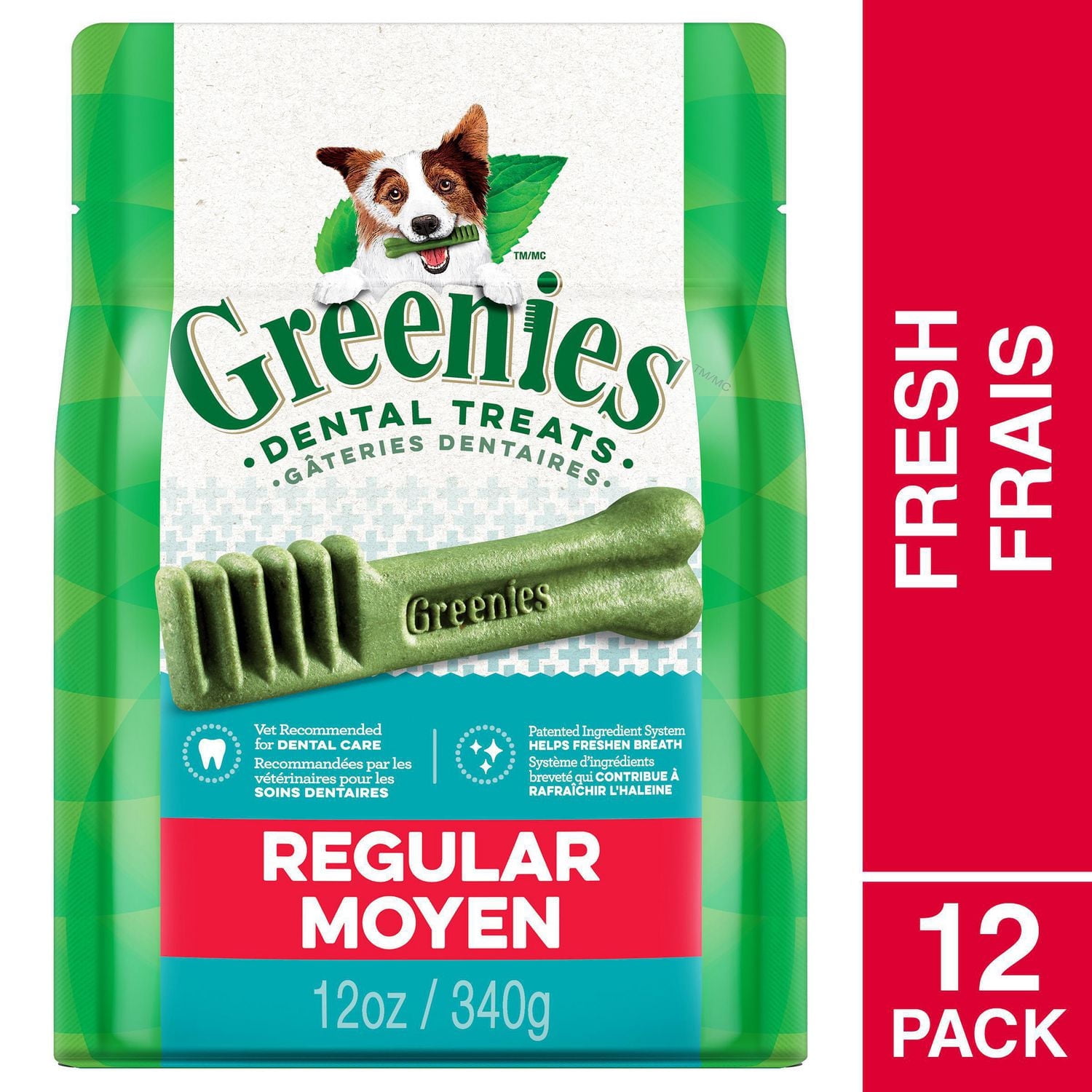 Gâteries dentaires naturelles pour chiens adultes Greenies Frais format MOYEN 12 Gâteries