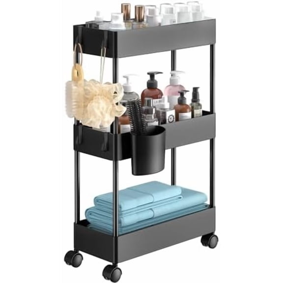 Slim Storage Cart with Wheels - 3 Tier Bathroom Organizers and Storage Cart - Rolling Carts for Bathroom, Kitchen, Narrow Space, Laundry Room,Black