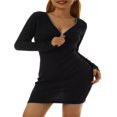 thumbnail image 3 of Robe Moulante Tricotée pour Femme à Manches Longues avec Fermeture Éclair, Col en V, Douce, Coupe Ajustée, Mini-Robe de Boîte de Nuit/soirée, Noire, m, 3 of 9