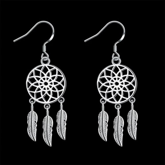 Silver Plated Dangle Earrings Wind Dream Feathers Catcher Fish Hook 56X20Mm P129