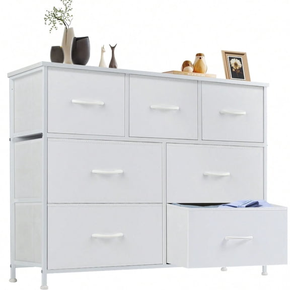 NTGFU 7 Drawer Dresser with Fabric Bins Fabric Storage Tower Organizer for Bedroom Closet Hallway Entryway Tall Chest of Drawers with Steel Frame Wood Top Easy Pull Handles,White