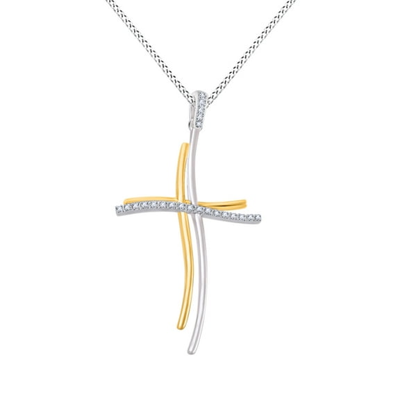 AFFY Round Shape White Diamond Wavy Cross Pendant Necklace In 14K Solid White Gold (1/16 Cttw)