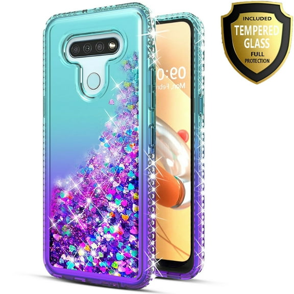 LG K51 Phone Case, With [Tempered Glass Screen Protector Included], STARSHOP Liquid Glitter Bling TPU Phone Cover - Teal/Purple