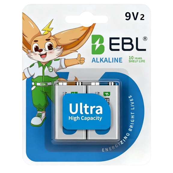 EBL 9V Batteries  Alkaline 9V Battery 2 Pack  Ultra Long Lasting High  Power with 10 Year Shelf Life