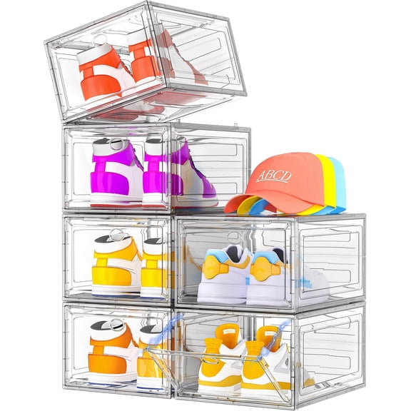 Govvep Sturdy Clear Shoe Organizer with Magnetic Door, Stackable Shoe Storage Box | Thick Plastic Shoe Storage for Sneakers & Boots, Collapsible Closet Shoe Rack and Clear Shoe Box, 6 Pack White