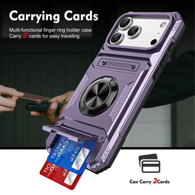 For Apple iPhone 17 Pro Phone Case with Finger Ring Holder Kickstand, Card Slots,Heavy Duty Shockproof Rugged Protective Working with Magnetic Car Phone Mount,Purple,For iPhone 17 Pro