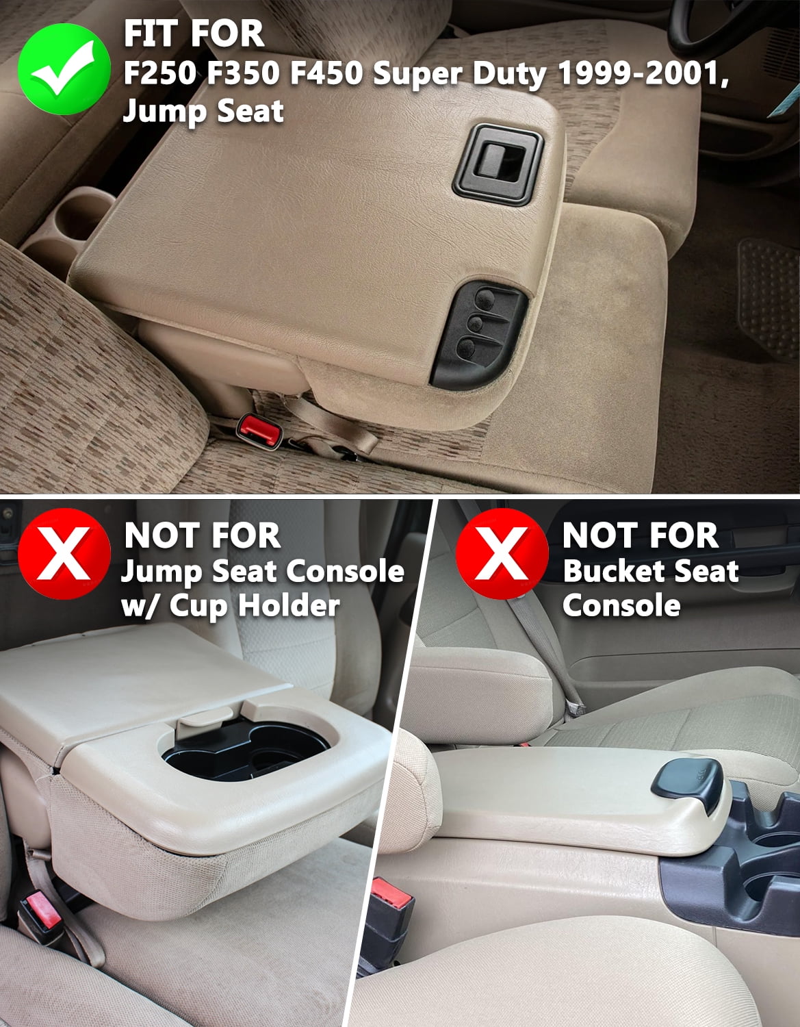 KBH Center Console Cover for 1999-2001 Ford F250 F350 F450 Super Duty with Jump Seat Console, Black Leather Armrest Cushion Pad for F250 Accessories