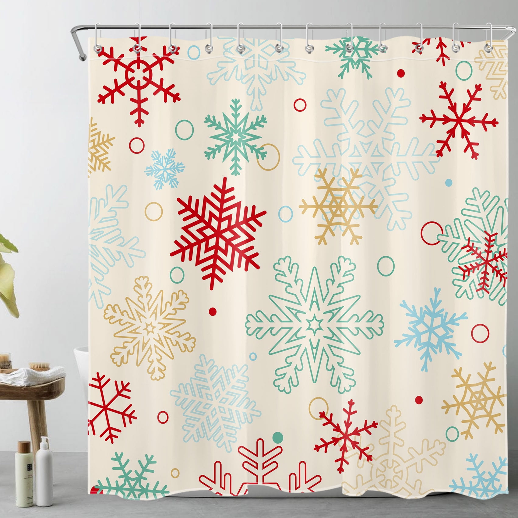 HVEST Christmas Snowflake Shower Curtain for Bathroom, Red Green Gold Snowflake Shape on Beige Background Fabric Shower Curtain with Hooks,Winter New Year Bathroom Curtains Shower Set, 69x70 inches
