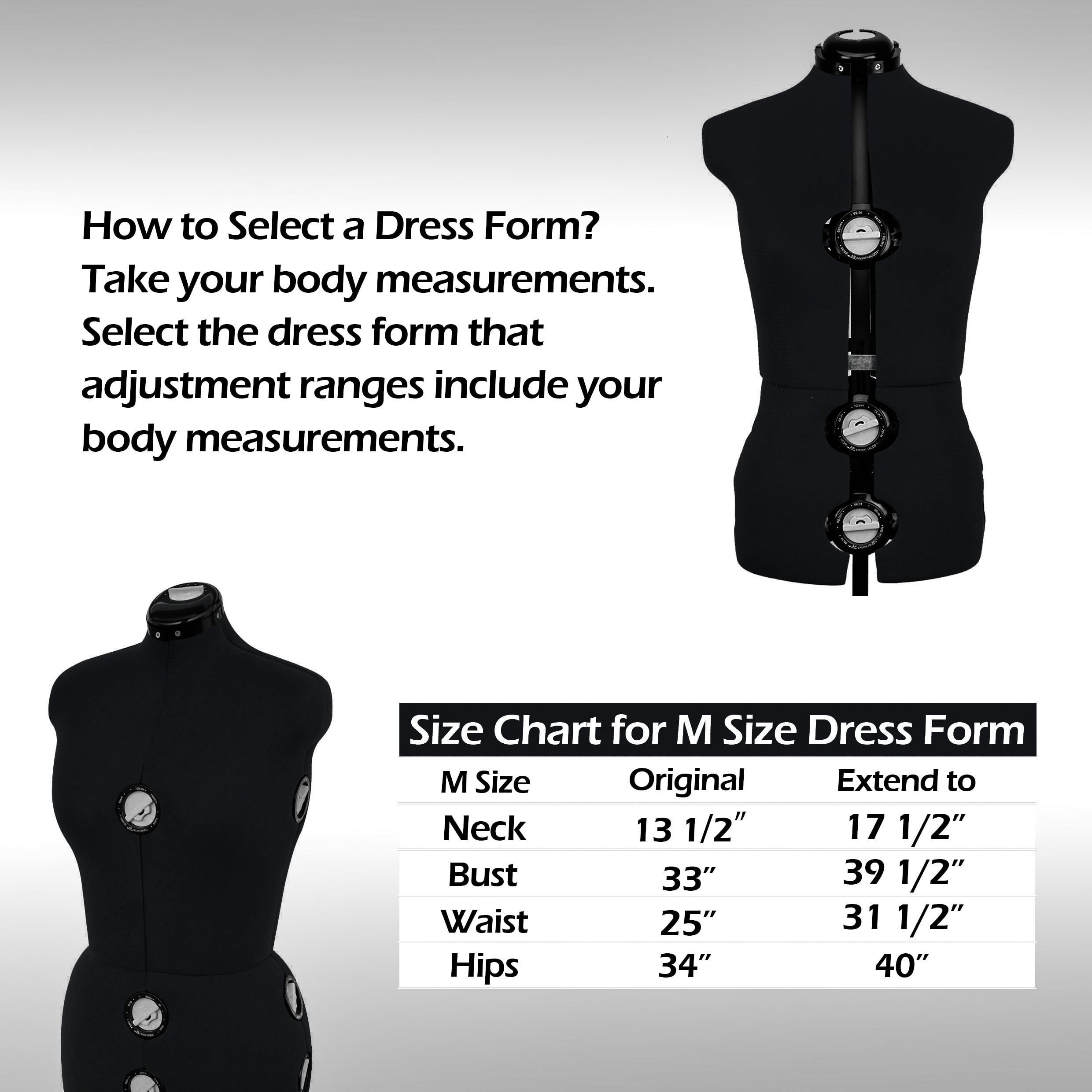 GEX 13 Dials Female Fabric Adjustable Mannequin Dress Form for Sewing, Mannequin Body Torso with Stand, Up to 70" Shoulder Height Black (Large)