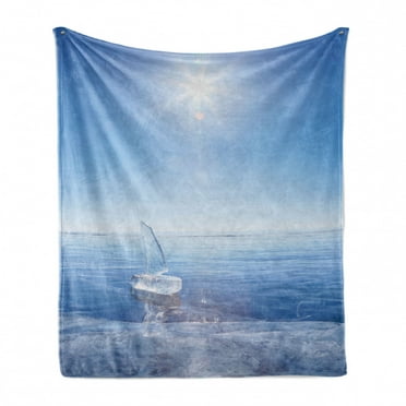 Winter Soft Flannel Fleece Throw Blanket, Icy Boat in Sunny Weather with Open Sky Cool Blue Tones Seascape Photograph Print, Cozy Plush for Indoor and Outdoor Use, 70" x 90", Blue White, by Ambesonne
