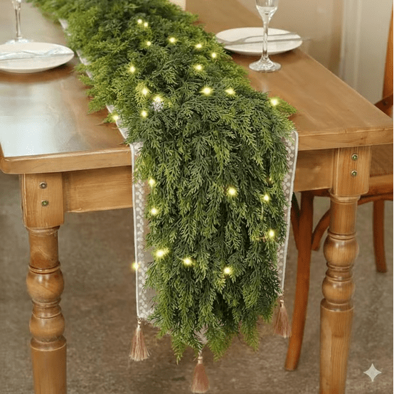 Guvpev 2PCS 6FT Artificial Christmas Cedar Garland with 50 LED Lights 140 Pine Tips Realistic Faux Greenery for Fireplace Table Mantle Wall Indoor Outdoor Winter Holiday Decorations Ornaments