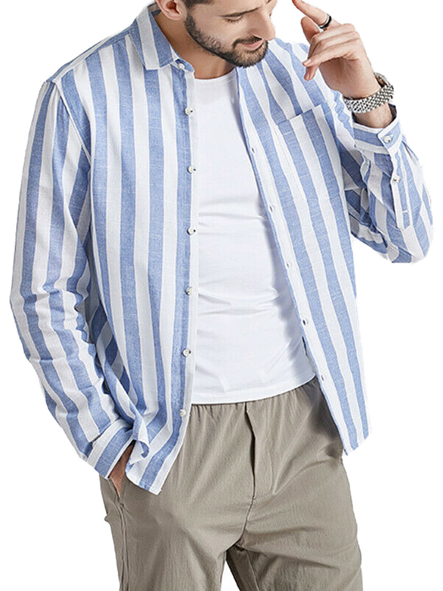 Wodstyle - Men's Linen Striped Long Sleeve Basic Shirts Bottons Tops