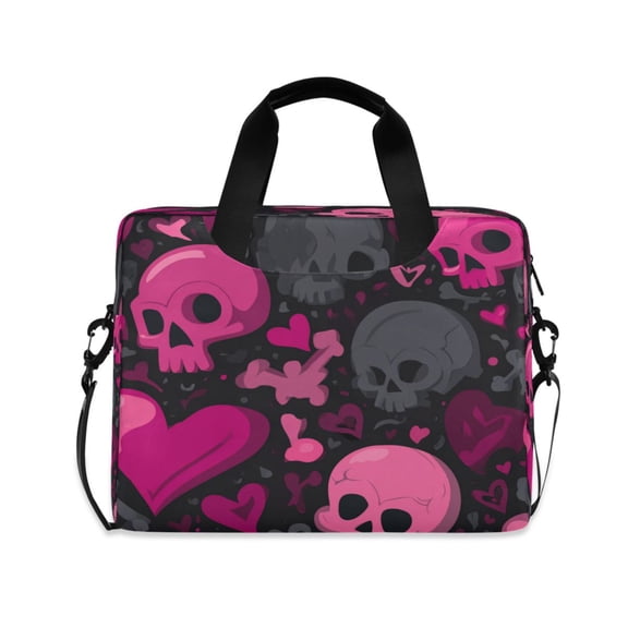 16" Laptop Briefcase, Detachable Anti-Slip Shoulder Strap, Multi-Compartment Work Travel Bag Pink and Black Skulls
