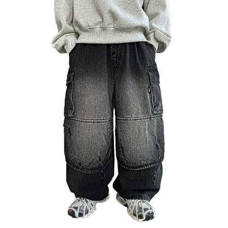 OSOLU Children Boys Cargo Jeans Durable Pants Casual Long Slacks Elastic Waist Comfortable Autumn Winter Chic Versatile Trousers
