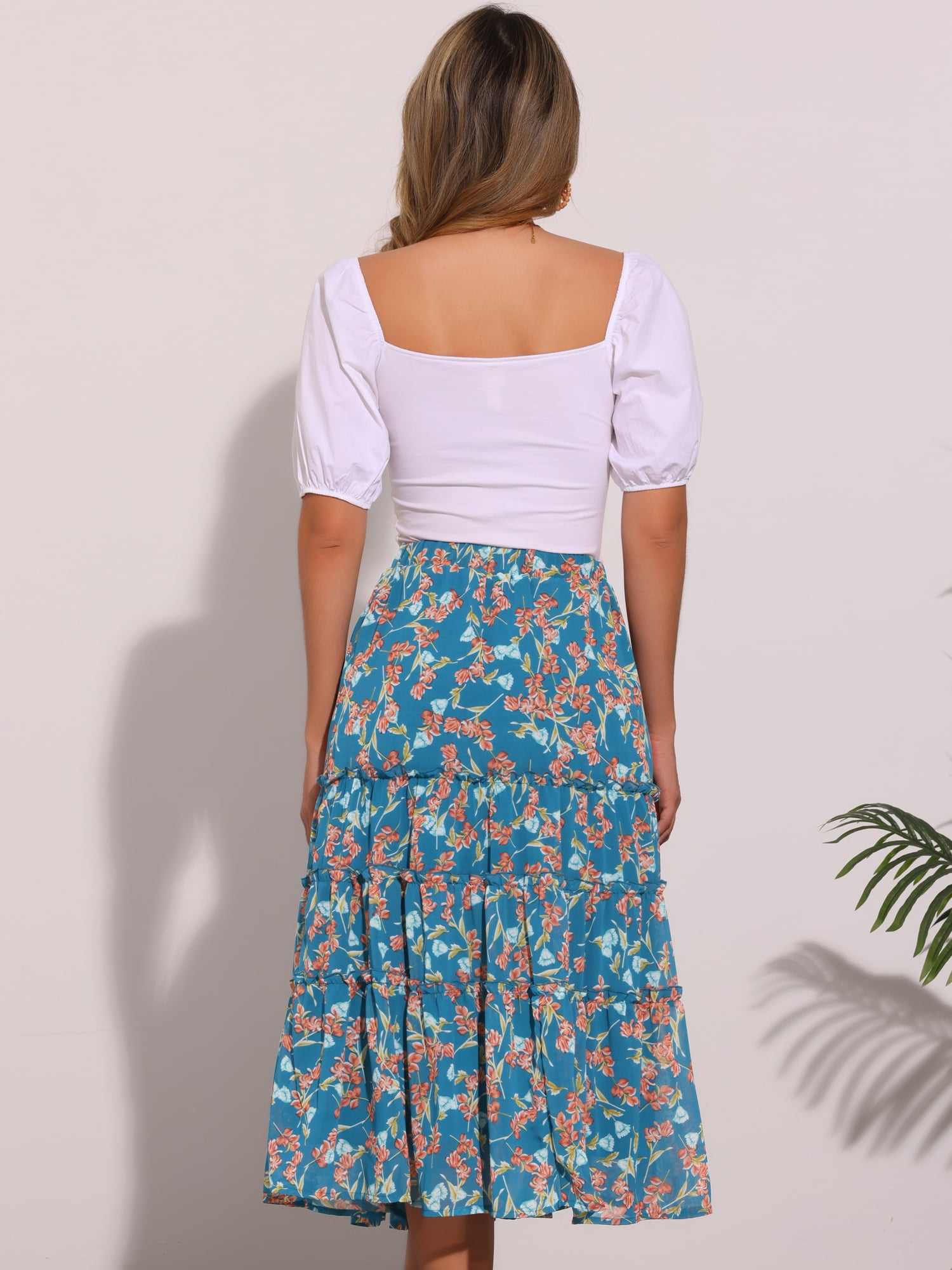 DARING DIVA Women's Chiffon Tiered A-Line Maxi Skirt S Lake Blue Flower