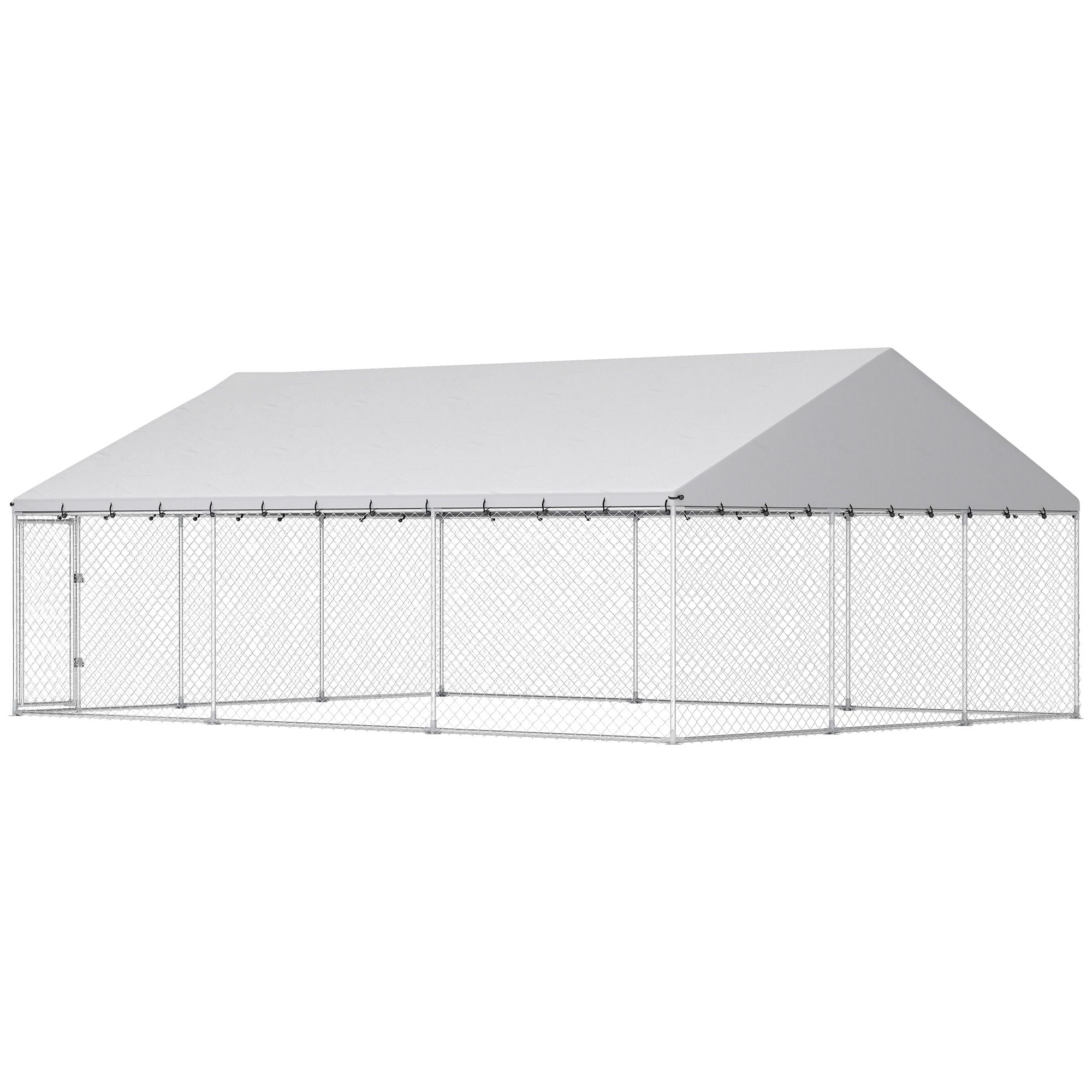 Dranite Outdoor Dog Kennel, 20' x 15' x 8' Chain Link Dog Run with Waterproof Roof & 2 Secure Latches