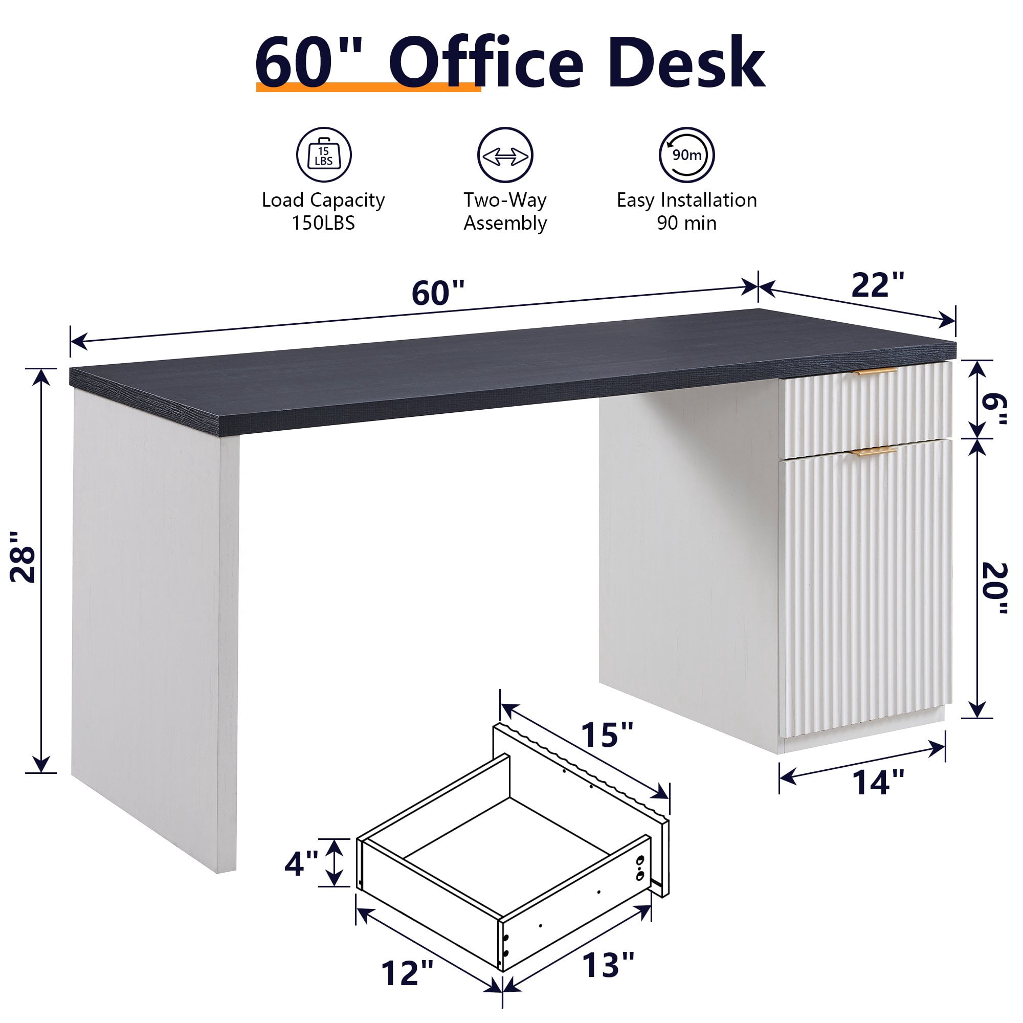 ACCOHOHO 60" Modern Executive Desk with Storage, Wooden Fluted Home Office Desk with Drawer & Cabinet for Study Bedroom Living Room - Antique White