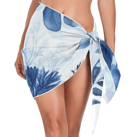 Ckdifva Blue Flowers and Leaves Beach Cover Up for Women Swimsuit Coverups Bikini Wrap Short Skirt