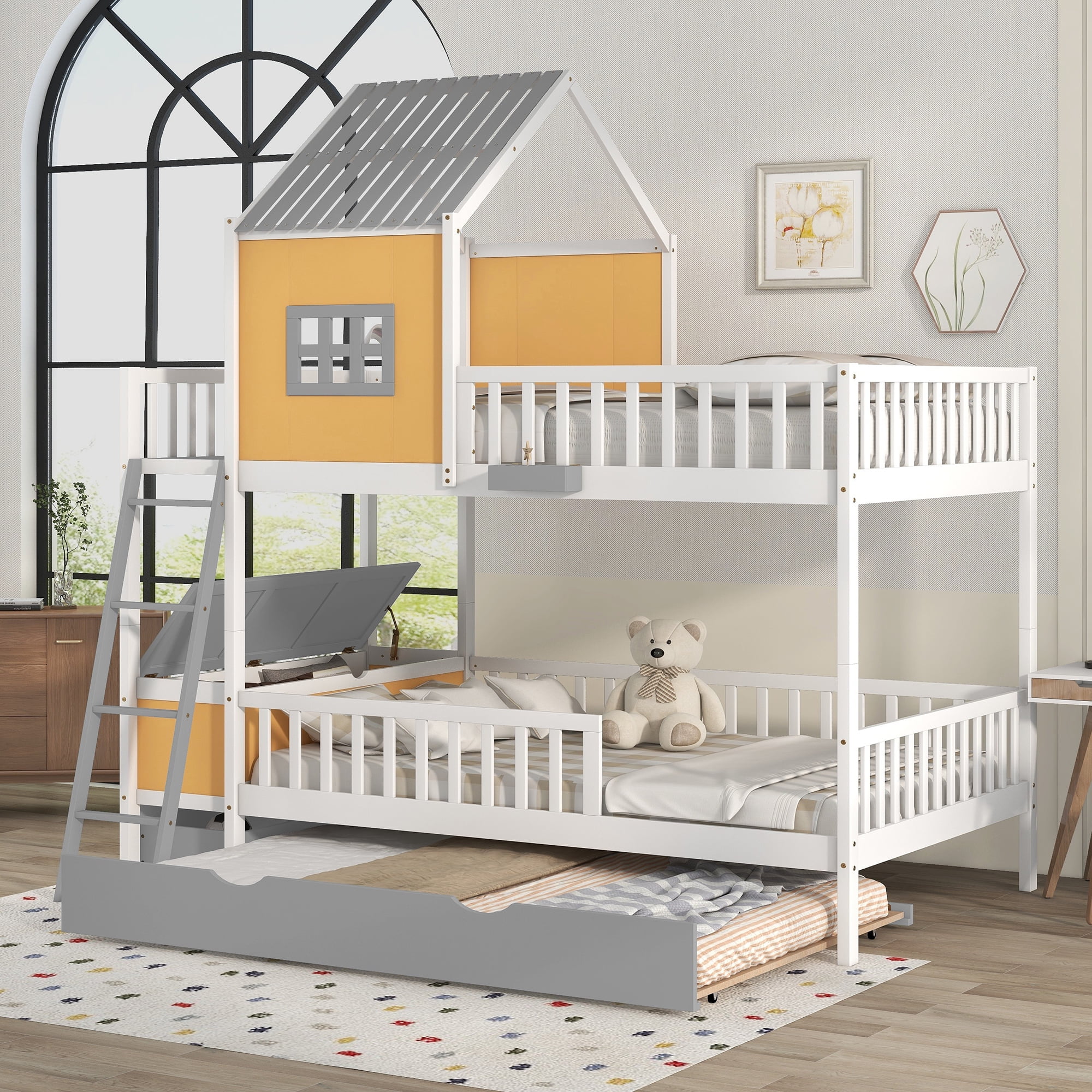Full over Full Bunk Bed with Twin Size Trundle , Bed with Storage Box and Yellow