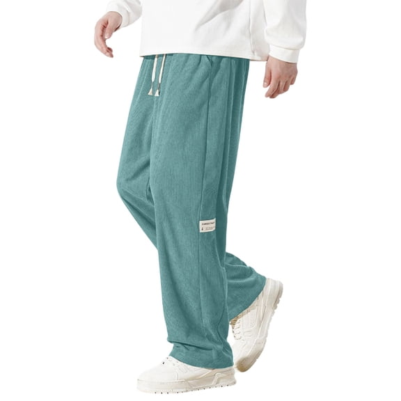 Corduroy Pants for Men Solid Color Elastic Waist Drawstring Streetwear Trousers with Pockets Fathers Gift