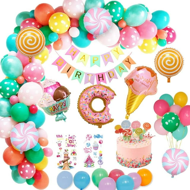 Decoración de cumpleaños para niñas, kit de cumpleaños para niñas con pancarta, decoración de feliz cumpleaños, globos de cumpleaños helados para niñas, cumpleaños Candyland reutilizable