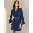 thumbnail image 2 of DARING DIVA Elegant Slit Sleeve Button Down Work Belted Blazer Dress XS Dark Blue, 2 of 6