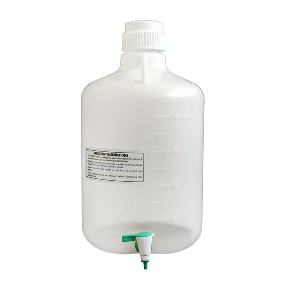 Carboy Bottle with Stopcock, 20 Liter Capacity, White Premium Polypropylene with 2 Handles - Eisco Labs
