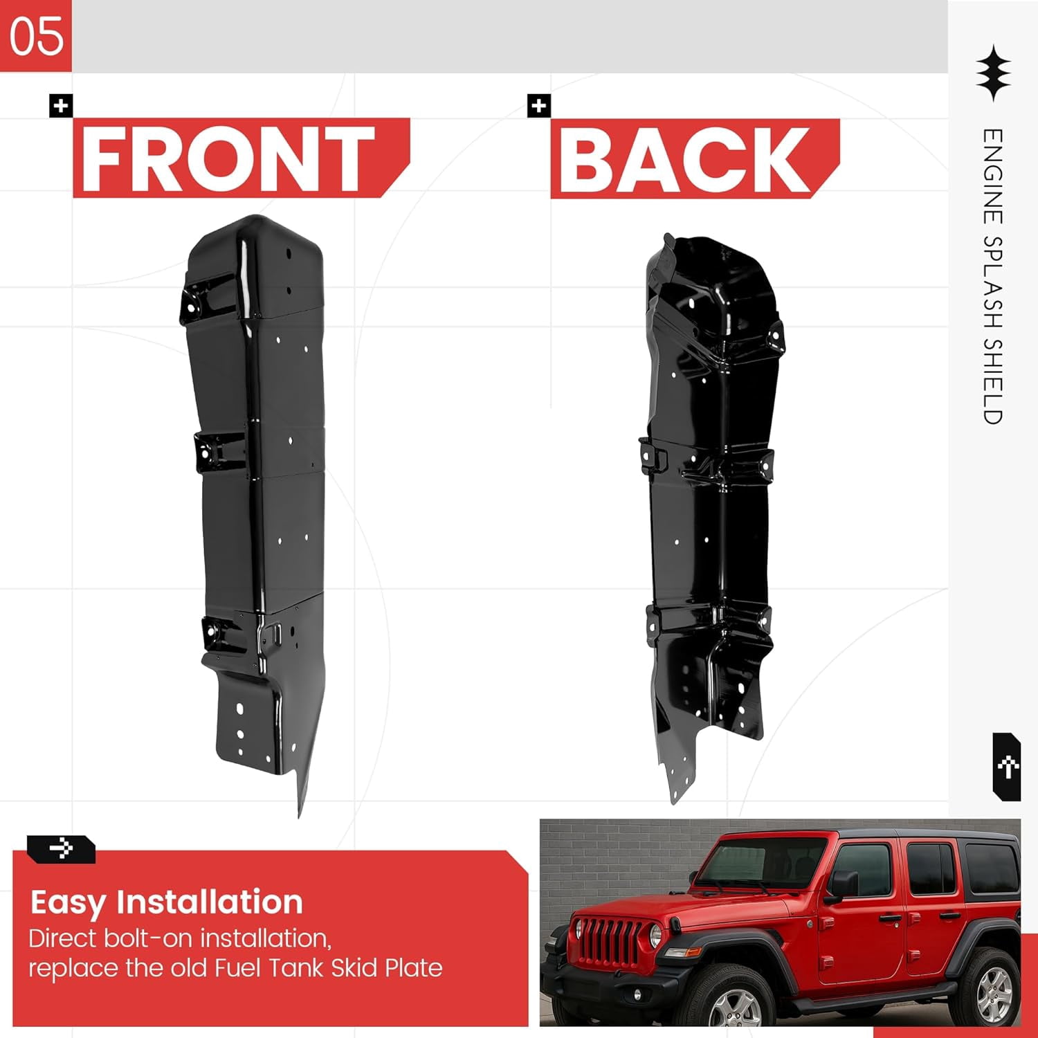 KOJEM Fuel Tank Skid Plate Guard Compatible with 2007-2018 Jeep Wrangler 4 Door Powder Coated Heavy Duty Steel 52059747AD 52059747AE 52059747AF 52059747AG